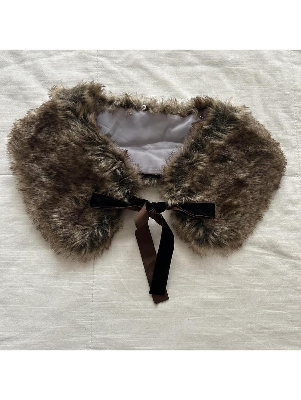 Brown Faux Fur Collar Velvet Ribbon Bow Tie Wrap Japan